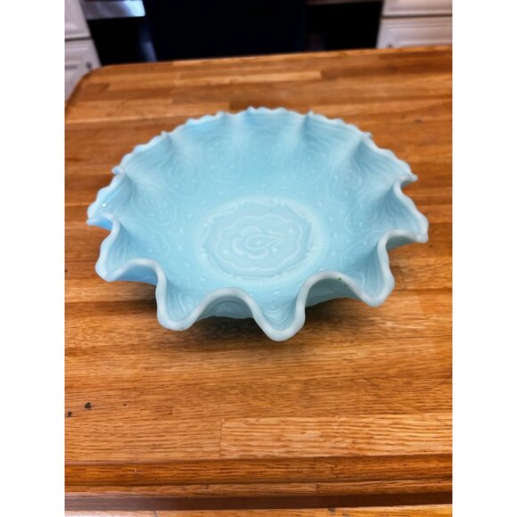 VTG Fenton Bowl blue Glass Ruffled Edge Candy Jewelry Fruit Compote 7 5/8" - Picture 2 of 8